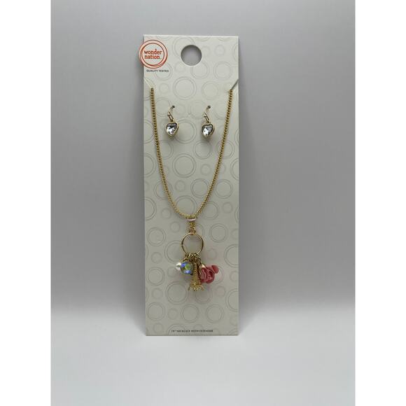 Wonder Nation Eiffel Tower & Pink Flower Pendant w/ Heart Drop Earrings Set NEW - Picture 7 of 12